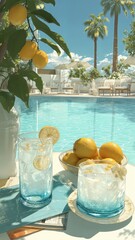 Una escena relajante junto a la piscina con limonada fresca y cítricos.