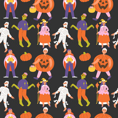 People in Halloween costumes seamless pattern on a dark background