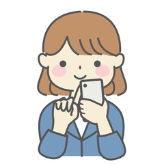 スマホを操作して笑顔を見せる女性のベクターイラスト｜女性,スマホ,笑顔,操作,指差し,チェック,ネット,SNS,リラックス,日常生活