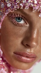 Primer plano de una mujer con maquillaje vibrante y un gorro rosa brillante.