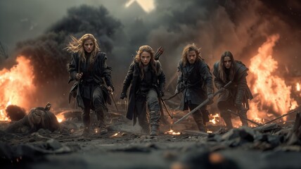 Tres guerreros emergen de un infierno de fuego, listos para la batalla.