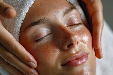 Relaxed woman receiving a facial massage with eyes closed at spa salon with gentle hands and soothing skincare treatment for wellness