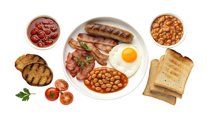 A full english breakfast with sides on black background