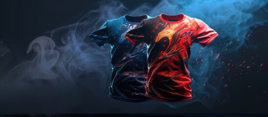 Two T-shirts with abstract fire and water patterns on a dark background with smoke.