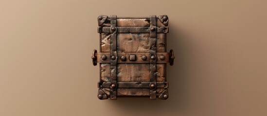 A top view of an antique wooden chest with metal accents on a beige background.