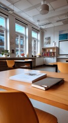 Fototapeta premium Bright and modern classroom or meeting room with large natural light educational materials and contemporary furnishings