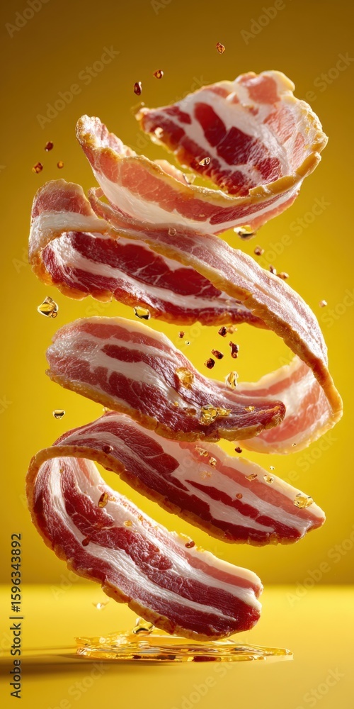 Poster succulent raw bacon slices falling and splashing into water creating dynamic movement and freshness 