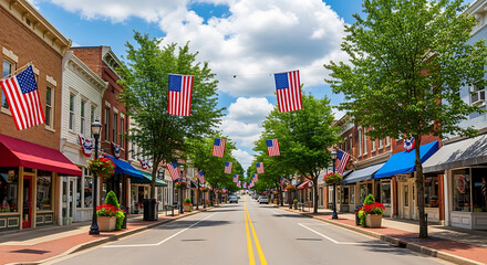 American Flags Decorate Main Street USA sunny main street lined with shops and flags hanging from trees main street town street american flags small town