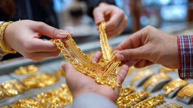 Gold Jewelry Transaction: A close-up perspective of a person hands and a jeweler is examining a shiny gold necklace, offering a luxurious look into the intricate design and the beauty of wealth.