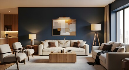Modern Living Room with Navy Blue Wall Paint