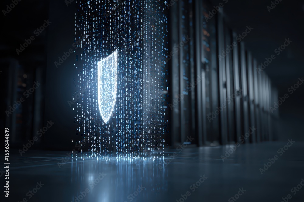 Poster shield protects server room, data. data center security illustration. for tech use