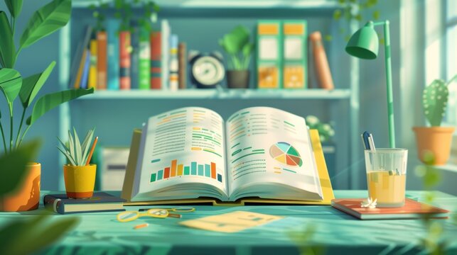 Open book with charts and graphs on a desk with plants, a lamp, and a glass of juice.