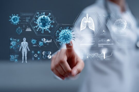 Advanced medical innovation with holographic virus and human anatomy interface for healthcare technology and futuristic medicine