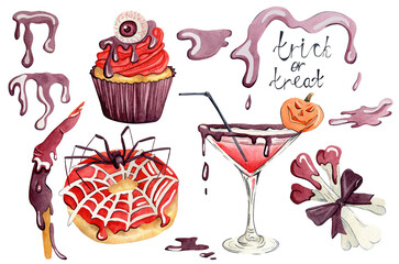 Watercolor Halloween food icon set. A spooky yet delicious set of sweets and drinks on the same theme. Suitable for menus, backgrounds, patterns and themed decorations.