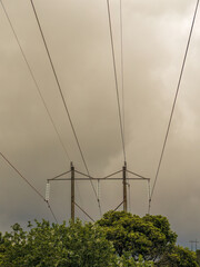 Electricity pylons over trees against an overcast sky, in the eastern Andean mountains of central Colombia near the town of Sotaquira.