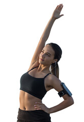 A sporty slim girl in leggings and a top resting between exercises.