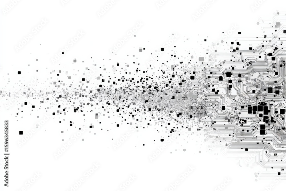 Poster abstract digital technology composition with dispersed pixelated and circuit board elements in grays