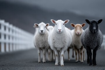 Obraz premium Group of five sheep walking on a paved road with a fence and cloudy sky in the background, farm animals in a rural setting