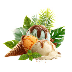 Delicious tropical ice cream assortment with chocolate sauce, coconut flakes, mint, and vibrant green leaves in a waffle cone