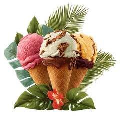 Three delicious ice cream cones with tropical leaves and a hibiscus flower, a sweet summer treat.