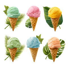 Collection of six colorful ice cream cones in waffle cones with tropical leaves and mint garnish, perfect for summer treats and desserts.