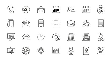 Collection of minimalist line icons depicting business communication, scheduling, teamwork, and management concepts.