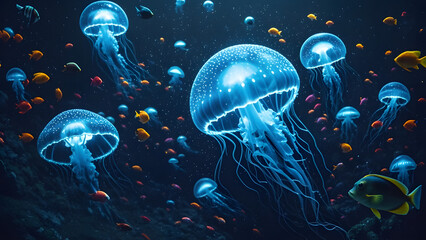 Glowing jellyfish underwater