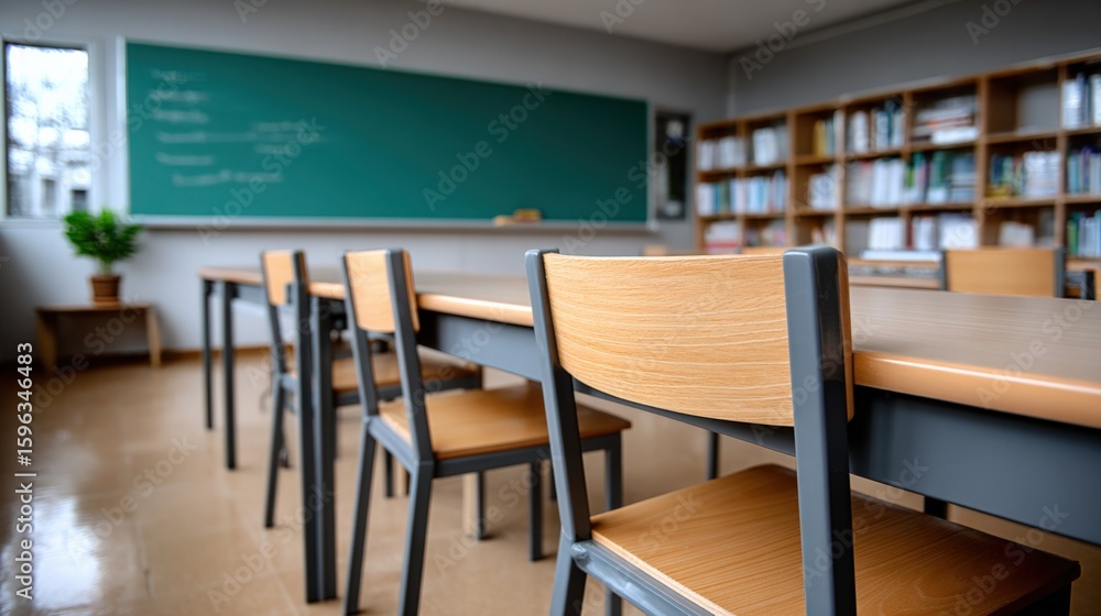 Poster empty classroom with wooden desks and chairs arranged in rows in front of a chalkboard and bookshelv