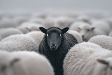 A close-up of a curious black sheep surrounded by fluffy white sheep in a natural pasture du daytime, focus on the distinctive animal in the center