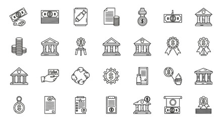 A collection of grayscale icons depicting banking, finance, and awards.