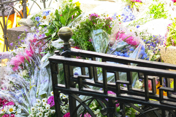 bouquets of flowers on the grave of poet A.S. Pushkin