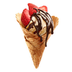 Delicious vanilla ice cream cone topped with fresh strawberries and rich chocolate syrup, a perfect summer treat.