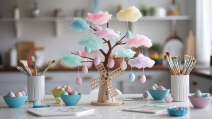 Whimsical easter crafting setup featuring decorative tree and painting supplies