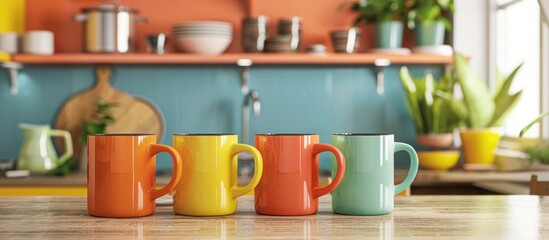 Four colorful mugs on a wooden table in a modern kitchen.