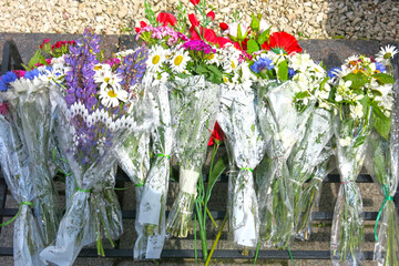 bouquets of flowers on the grave of poet A.S. Pushkin