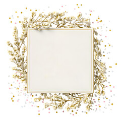 Elegant square frame adorned with delicate white flowers and scattered confetti, perfect for invitations, announcements, or decorative designs.