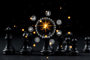 A chessboard, adorned with strategic icons, symbolizes the planning, execution, decision-making,...