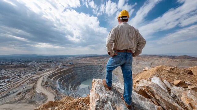 Mining Site Supervisor and Panoramic View: An experienced supervisor, equipped with essential safety gear, gazes upon a vast mining operation.