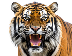 Fototapeta premium Roaring Tiger Head Close-Up, Front Facing, Transparent Background PNG