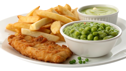 A plate of fish and chips with mushy peas and sauce
