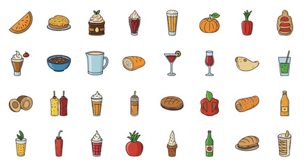 Colorful collection of food and drink icons, including pastries, beverages, and vegetables.