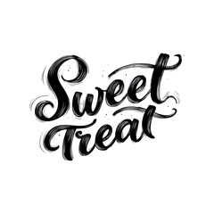 Artistic white lettering spelling "Sweet Treat" with swirling decorative lines and small dots on a transparent background, perfect for culinary or confectionery themes.
