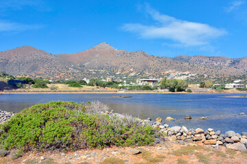 View at peaceful gulf and town of Elounda, Crete, Greece 