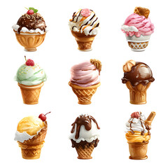Collection of delicious ice cream cones and cups with various toppings and flavors, perfect for summer treats and desserts.