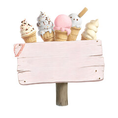 Whimsical sign with assorted ice cream cones displayed on top, ready for custom text