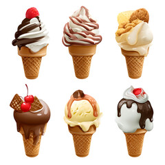 Assortment of delicious ice cream cones with various toppings and drizzles, perfect for summer treats and advertising