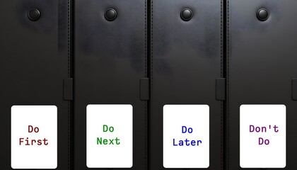 Document boxes with tags labels DO FIRST DO NEXT DO LATER DON'T DO, time management skills, knowing priority of tasks, prioritize important and urgent tasks first