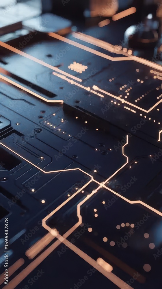 Poster complex interconnected circuit board with illuminated pathways and components