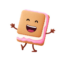 Joyful cartoon sandwich cookie character with pink frosting and white cream smiling and waving happily