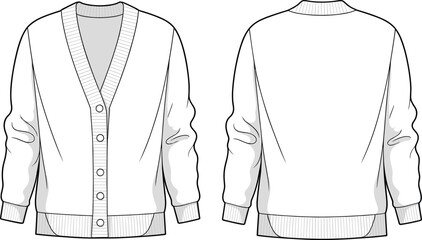 Vector fashion flat sketch of long sleeve ribbed cardigan with button front, front and back views, detailed CAD illustration